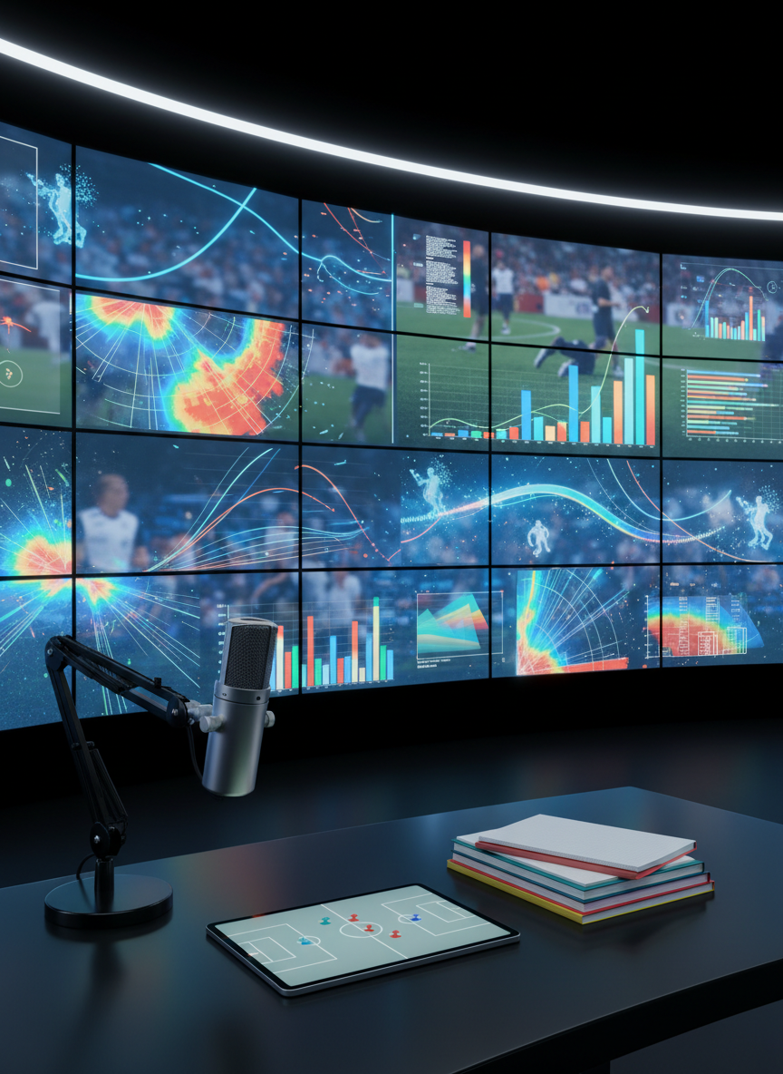 A detailed photographic shot of a sleek, modern sports analyst’s desk set in front of a large wall of glowing, bezel-less screens, each displaying abstracted sports graphics: color-coded heat maps, blurred game footage, and dynamic charts with no readable text. On the matte black desktop rest a polished steel microphone, a tablet showing a simplified tactics board, and a row of neatly stacked notebooks with colored tabs. Cool, directional studio lighting highlights the edges of the tech and casts subtle reflections on the desk surface. Captured at a three-quarter angle with moderate depth of field, the scene feels analytical and professional, suggesting insider commentary and data-driven sports news without any human presence.