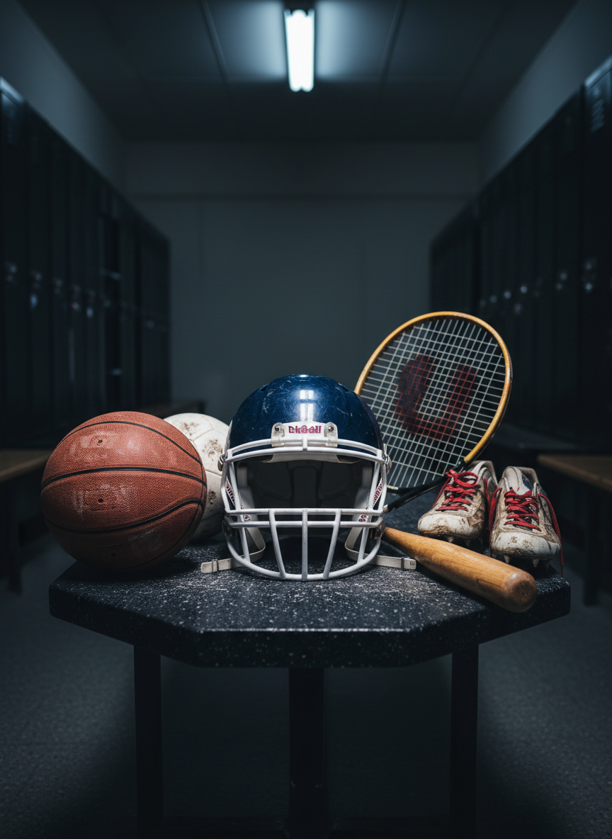 A close-up photographic realism image of an American football helmet, basketball, soccer ball, tennis racket, baseball bat, and Olympic-style track spikes arranged in a deliberate semicircle on a dark, textured locker room bench. Each object shows subtle signs of use: faint scuffs on glossy plastic, worn leather grain, and chalky rubber marks. Overhead fluorescent lights cast controlled, cool-toned illumination, creating crisp reflections and defined shadows that separate each sport. The background lockers and equipment racks are softly blurred, emphasizing the gear in the foreground. Framed at eye level with a shallow depth of field, the composition feels like a professional sports newsroom still life, hinting at multi-league analysis from an insider perspective.