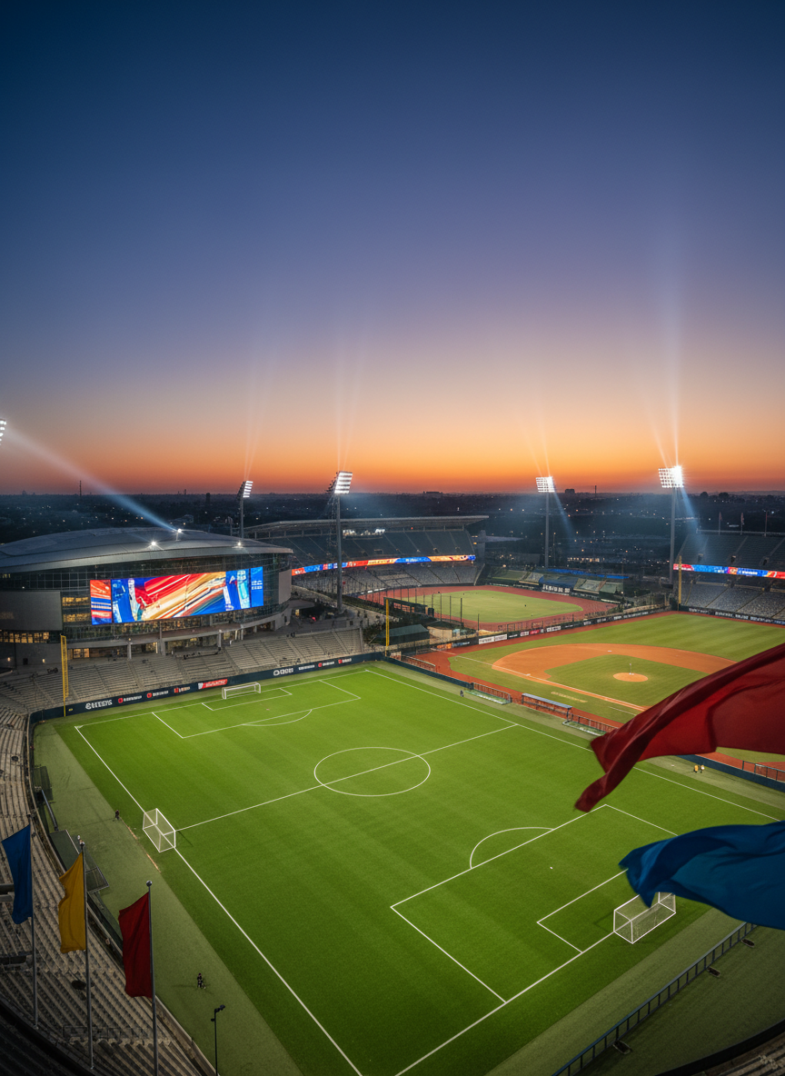 A panoramic, photographic realism view of a massive multi-sport arena complex at dusk, with an illuminated soccer pitch in the foreground, a basketball arena entrance to one side, and a baseball diamond beyond. The sky glows in deep blue and orange gradients, while powerful stadium lights and LED ribbon boards cast cool white and saturated team colors across the scene. Flags and banners flutter gently, rendered as abstract shapes without text or logos. Shot from a slightly elevated angle with sharp focus throughout, the composition captures the global scale of modern sports, evoking the breadth of professional coverage on NFL, NBA, soccer, baseball, tennis, and Olympic events.