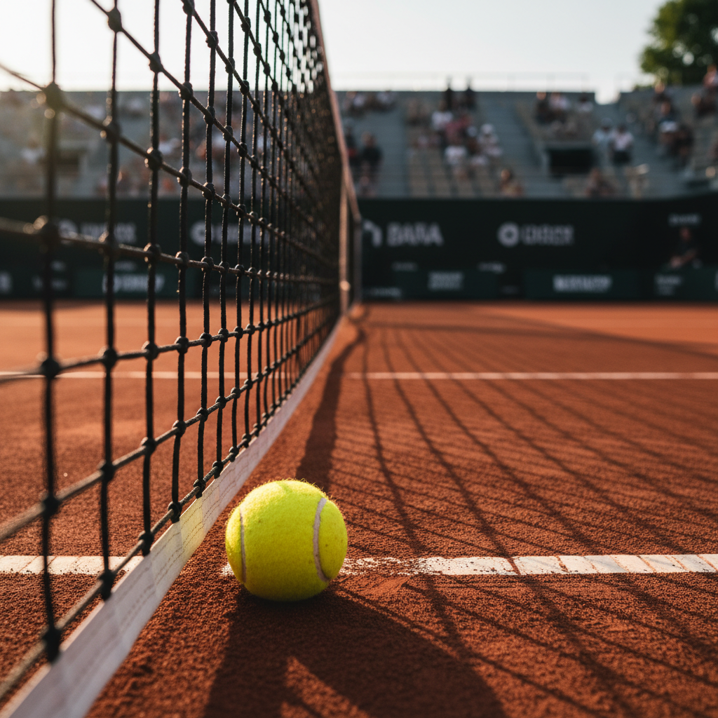 A cinematic photographic realism shot of a clay tennis court viewed from just above net height, focused on a bright yellow tennis ball resting against the taut white net cord. Minute details stand out: specks of red clay dust on the ball’s fuzzy surface, slight fraying on the net tape, and fine shoe-slide marks across the baseline. Late afternoon sunlight streams in from the side, creating warm, elongated shadows and a golden rim around the ball. The blurred stadium seating and minimalist courtside signage form a soft, unobtrusive backdrop. Framed using the rule of thirds, the image feels calm yet competitive, ideal for in-depth tennis features or tournament previews.