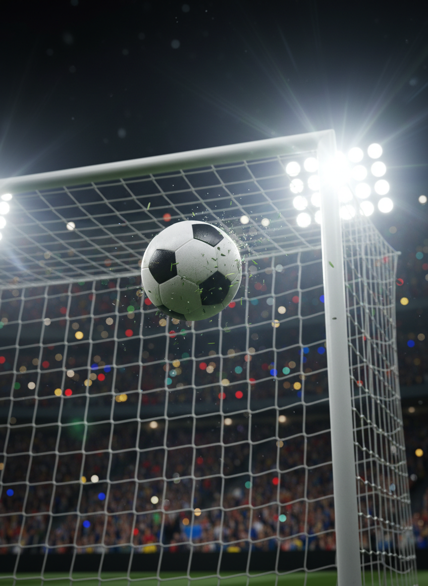 A high-intensity photographic image of a soccer ball frozen mid-flight as it curves toward the top corner of a goal in a packed stadium. The ball’s textured panels are in razor-sharp focus, with tiny droplets of moisture and flecks of turf suspended in the air. Behind it, bright stadium floodlights flare dramatically, creating radial beams and a cinematic halo effect, while the stands dissolve into colorful, abstract bokeh. Shot from a low, slightly off-center angle near the goalpost, the composition emphasizes speed and precision. The overall mood is dynamic and adrenaline-charged, perfectly suited for breaking sports news or tactical analysis, while omitting any visible players or fans.